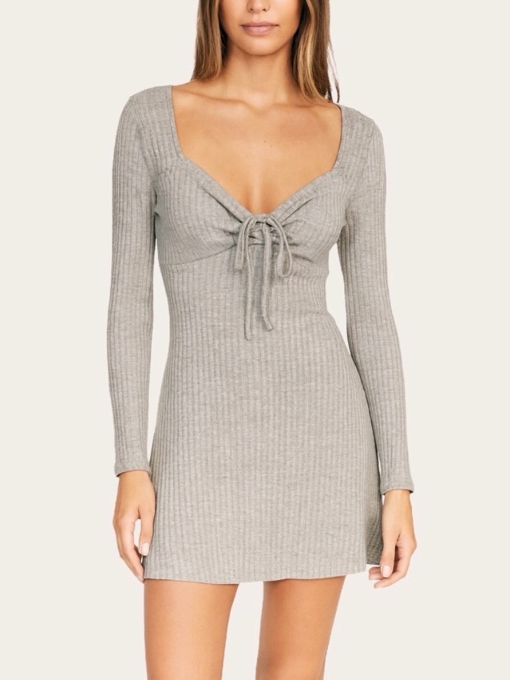 Lush Ribbed Tie-Front Long Sleeve Mini Dress - Gray